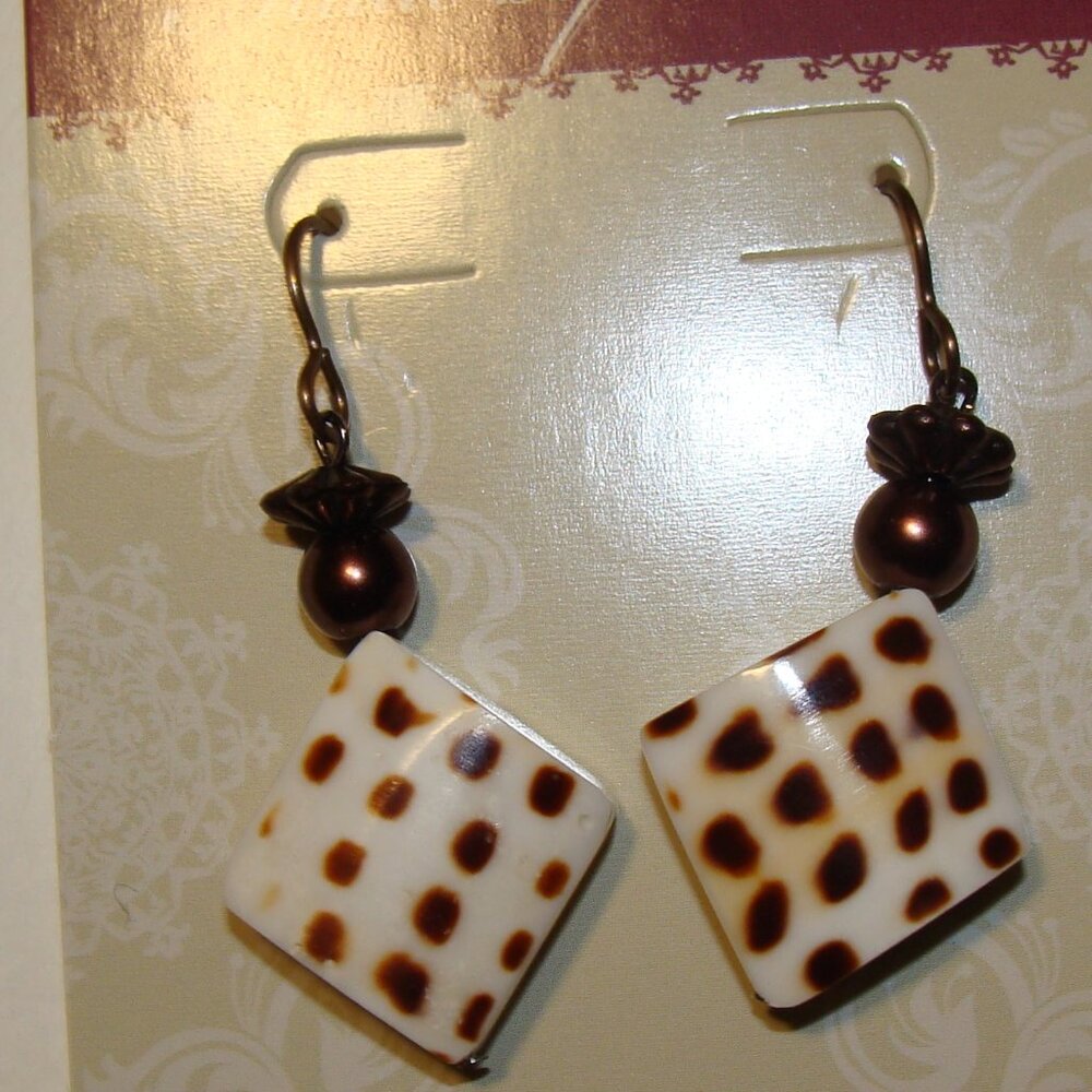 Custom Jewelry: Square White & Brown Speckled Shell, Brown & Bronze Bead Accents